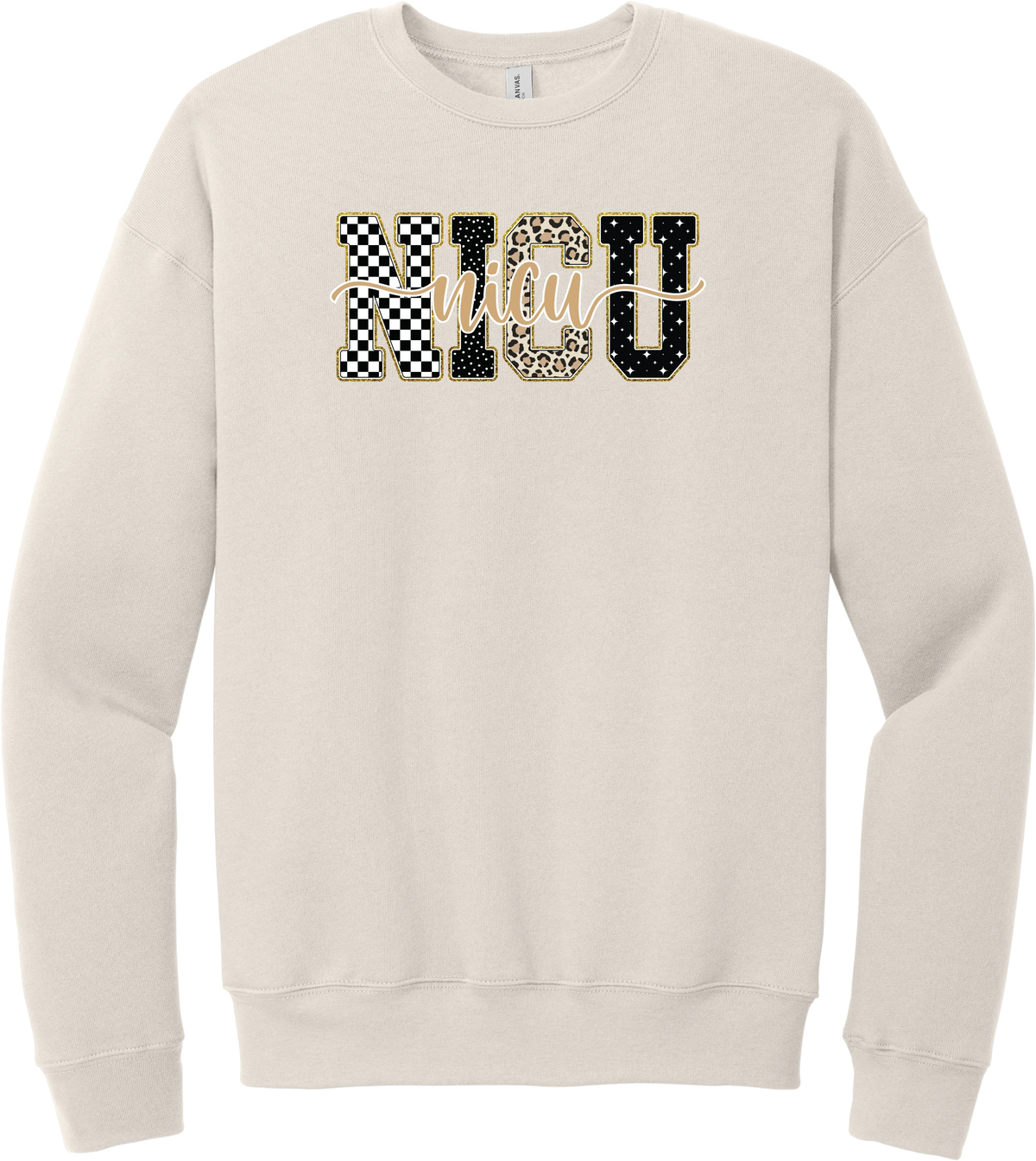 Glitzy Patterned NICU crewneck sweatshirt in Heather Dust, featuring NICU block letters in checkerboard, polka dot, leopard, and starry patterns with a gold glitter outline and nicu script