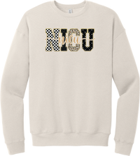 Glitzy Patterned NICU crewneck sweatshirt in Heather Dust, featuring NICU block letters in checkerboard, polka dot, leopard, and starry patterns with a gold glitter outline and nicu script