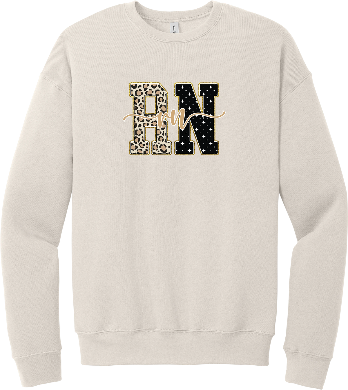 Glitzy Patterned RN crewneck sweatshirt in Heather Dust, featuring RN block letters in leopard and sparkle star patterns with a gold glitter outline and rn script