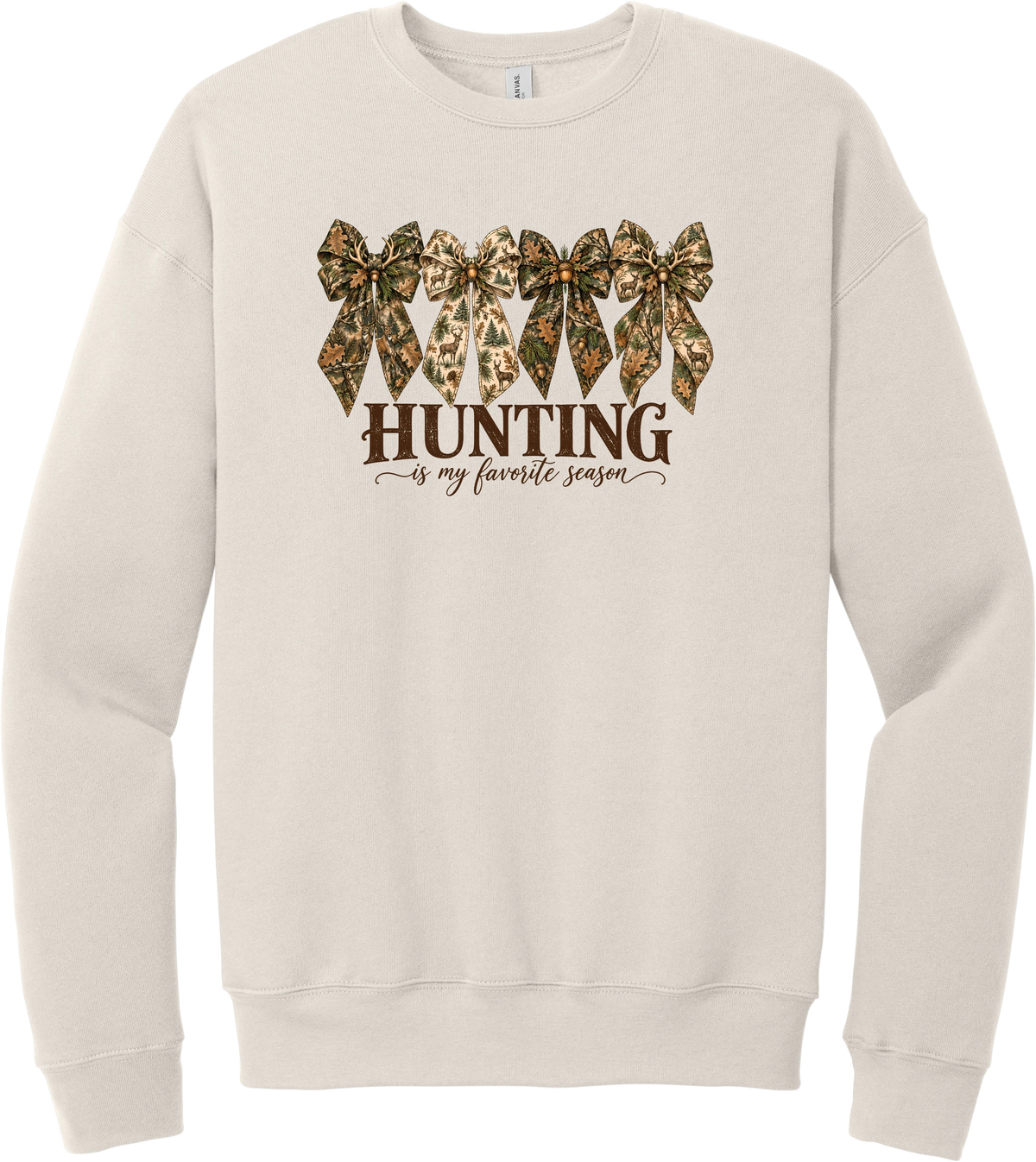 Hunting Is My Favorite Season crewneck sweatshirt in Heather Dust, featuring four camo coquette bows with antlers, acorns, and deer above Hunting Is My Favorite Season lettering