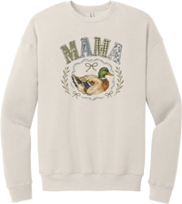 Mallard Mama crewneck sweatshirt in Heather Dust, featuring MAMA in gingham and floral patchwork letters above a hand-painted mallard framed by ribbons and laurel sprigs