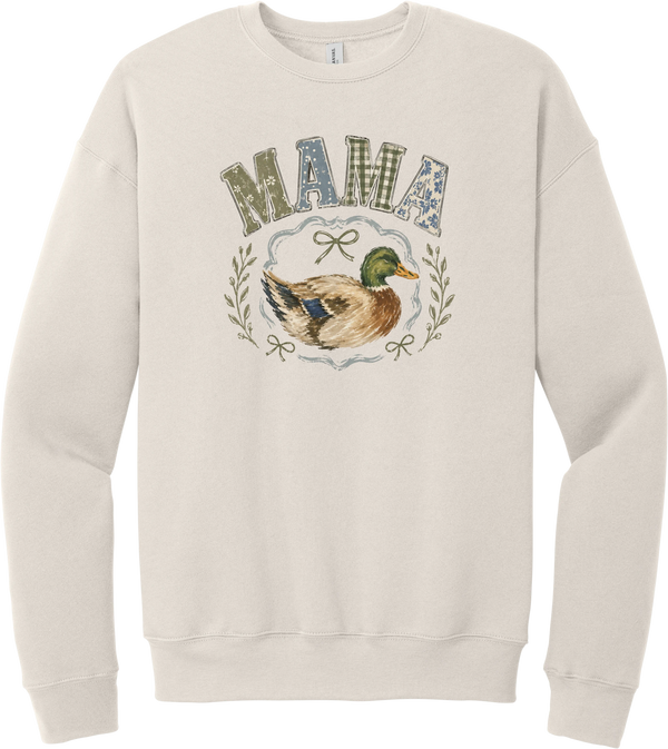 Mallard Mama crewneck sweatshirt in Heather Dust, featuring MAMA in gingham and floral patchwork letters above a hand-painted mallard framed by ribbons and laurel sprigs