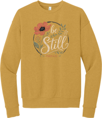 Be Still crewneck sweatshirt in Heather Mustard, featuring Be Still in hand lettered script with a coral poppy, greenery, and Psalm 46:10