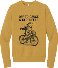 Off to Cause a Kerfuffle crewneck sweatshirt in Heather Mustard, featuring a caped frog riding a vintage bicycle with Off to cause a kerfuffle