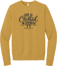 Clothed in Strength crewneck sweatshirt in Heather Mustard, featuring She Is Clothed in Strength in hand lettered script with a small bow and Proverbs 31:25