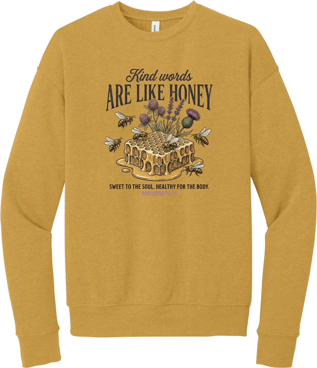 Words Like Honey crewneck sweatshirt in Heather Mustard, featuring a dripping honeycomb with bees and wildflowers under Kind Words Are Like Honey lettering and Proverbs 16:24
