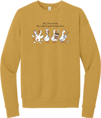 Yes I'm a Nurse Goose crewneck sweatshirt in Heather Mustard, featuring four nurse geese with a clipboard, stethoscope, coffee, and needle under Yes, I'm a nurse. No, I don't want to look at it.