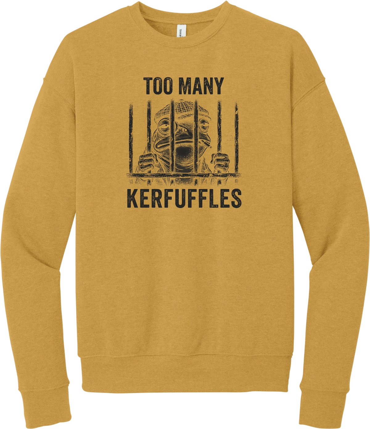 Too Many Kerfuffles crewneck sweatshirt in Heather Mustard, featuring a frog in a newsboy cap behind jail bars with Too many kerfuffles