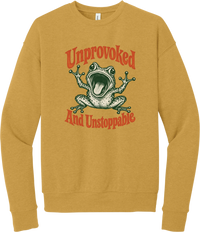 Unprovoked and Unstoppable crewneck sweatshirt in Heather Mustard, featuring a screaming frog in retro orange lettering reading Unprovoked and Unstoppable
