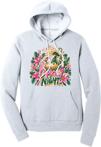 Artful O Holy Night hoodie in Ash, featuring a painted nativity under the star of Bethlehem with O Holy Night lettering framed by pink poinsettias and evergreen