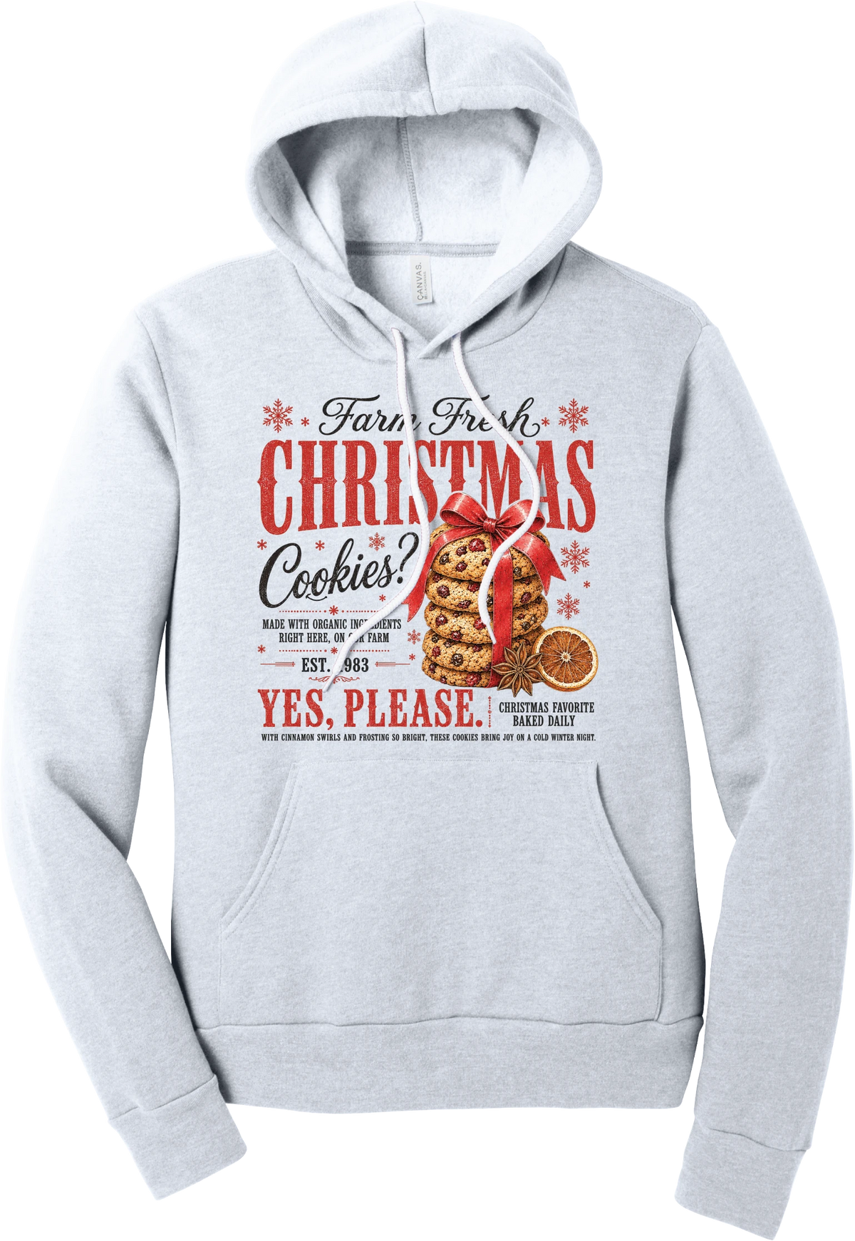 Farm Fresh Christmas Cookies hoodie in Ash, featuring a vintage farmhouse bakery sign with a stack of Christmas cookies tied in a red bow, a dried orange slice, and red and black lettering