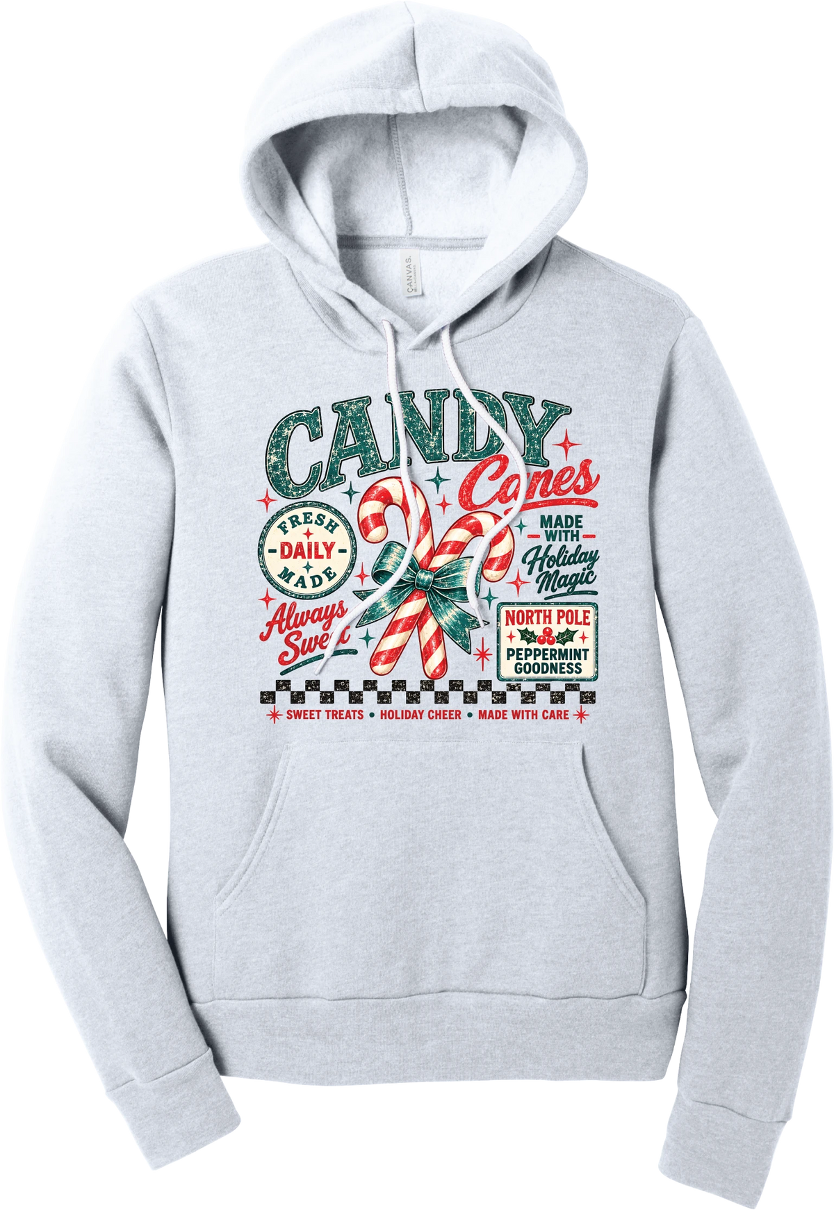 Fresh Candy Canes hoodie in Ash, featuring vintage candy shop lettering with two striped candy canes tied in a green bow, a North Pole Peppermint Goodness sign, and a checkerboard stripe