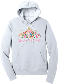 The Greatest Gift of All hoodie in Ash, featuring a pastel watercolor nativity scene under the star with The Greatest Gift of All script and Matthew 1:21