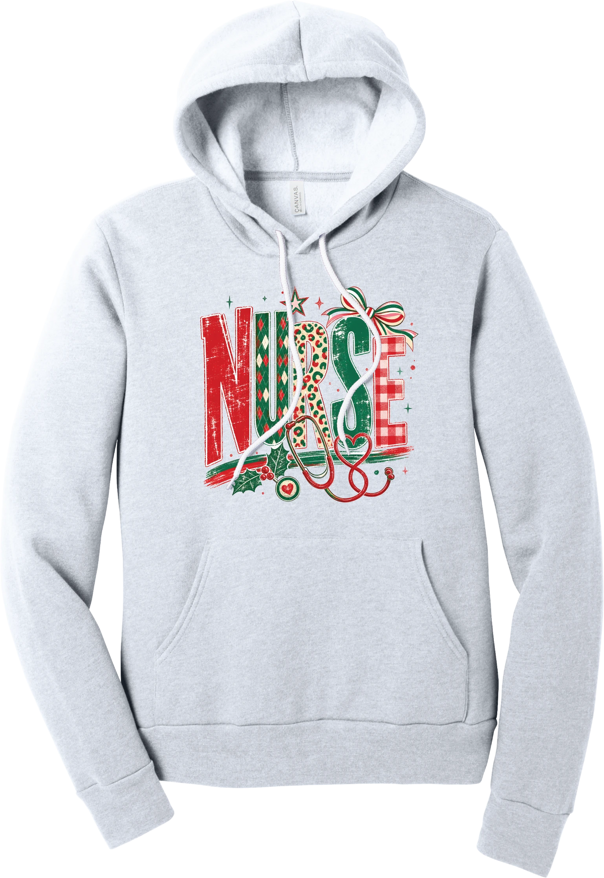 Holiday Nurse Stethoscope hoodie in Ash, featuring patterned NURSE letters in red and green argyle, leopard, and gingham with a striped bow, holly, and a red heart stethoscope