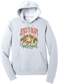 Jesus Is Born Hallelujah hoodie in Ash, featuring a vintage nativity scene under a golden star with Jesus Is Born lettering and Hallelujah script