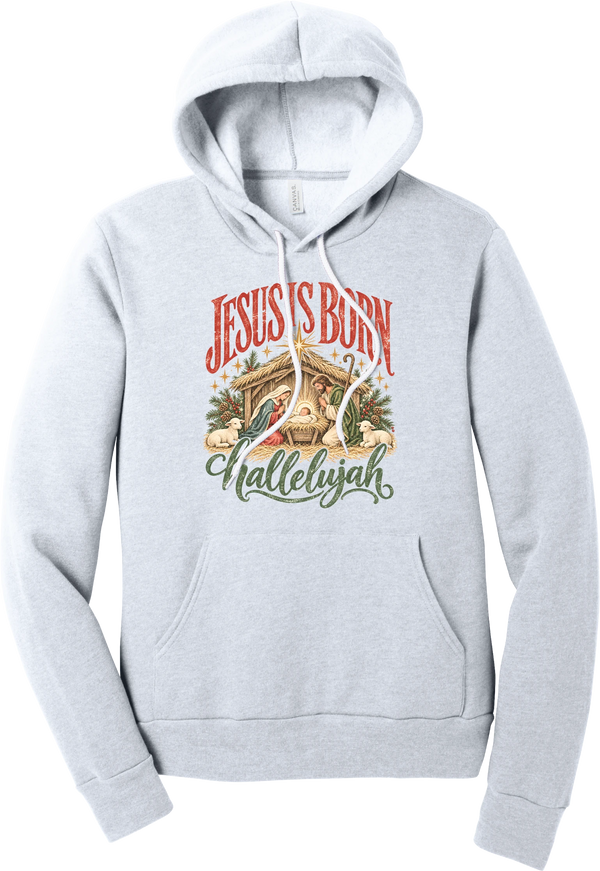 Jesus Is Born Hallelujah hoodie in Ash, featuring a vintage nativity scene under a golden star with Jesus Is Born lettering and Hallelujah script