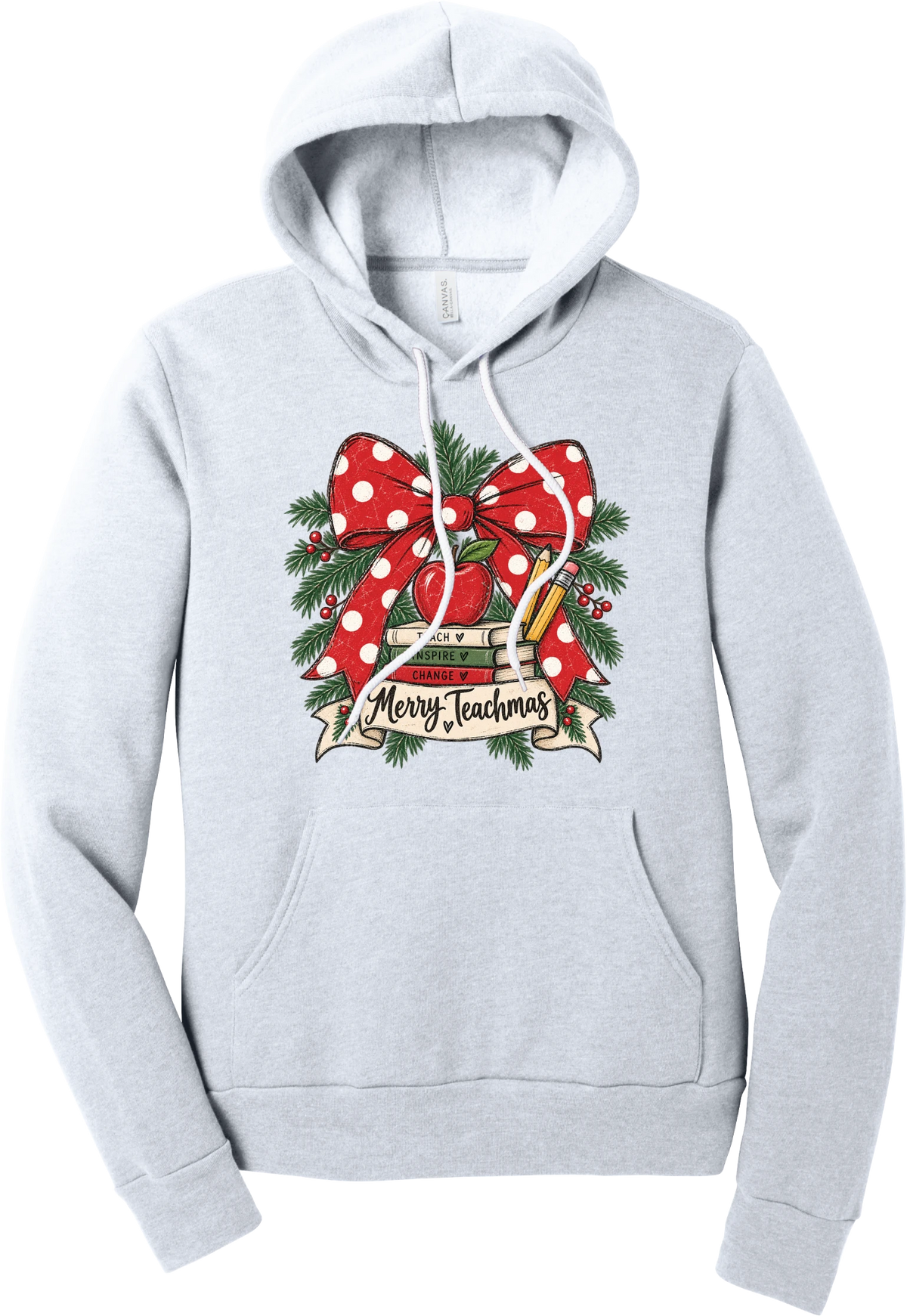 Merry Teachmas hoodie in Ash, featuring a red polka dot bow over a stack of books reading Teach, Inspire, Change with an apple, pencils, evergreen, and a Merry Teachmas banner