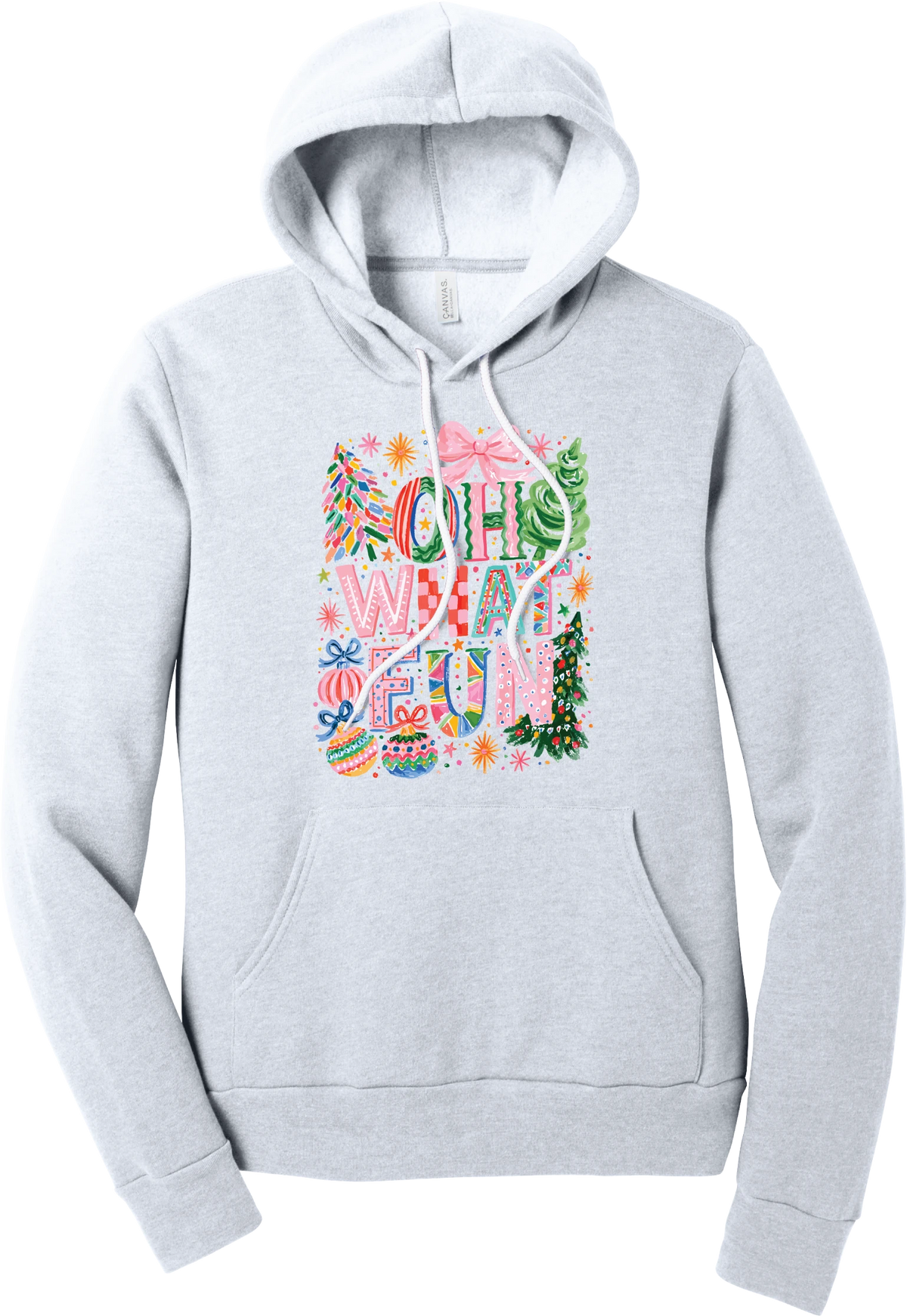 Oh What Fun hoodie in Ash, featuring hand-painted Oh What Fun letters with pink bows, whimsical Christmas trees, and ornaments