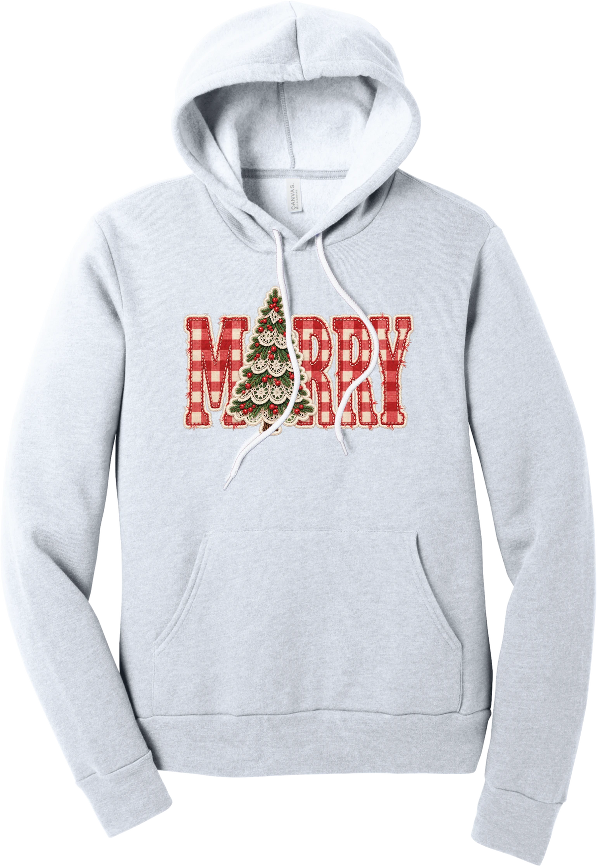 Red Gingham Merry Tree hoodie in Ash, featuring red gingham MERRY letters with a lace-trimmed Christmas tree in the center