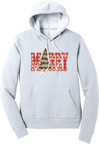 Red Gingham Merry Tree hoodie in Ash, featuring red gingham MERRY letters with a lace-trimmed Christmas tree in the center