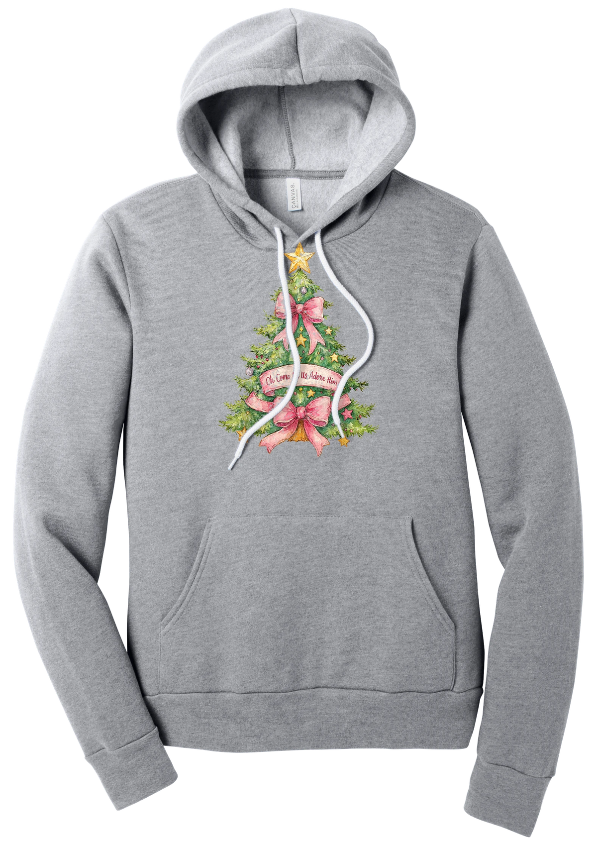 Adore Him Bow Tree hoodie in Athletic Heather, featuring a green Christmas tree with pink bows, a gold star, and an Oh Come Let Us Adore Him banner