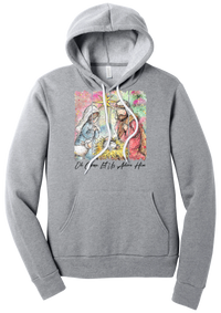 Adore Him Painted Nativity hoodie in Athletic Heather, featuring a watercolor nativity of Mary, Joseph, and baby Jesus under a star with Oh Come Let Us Adore Him script