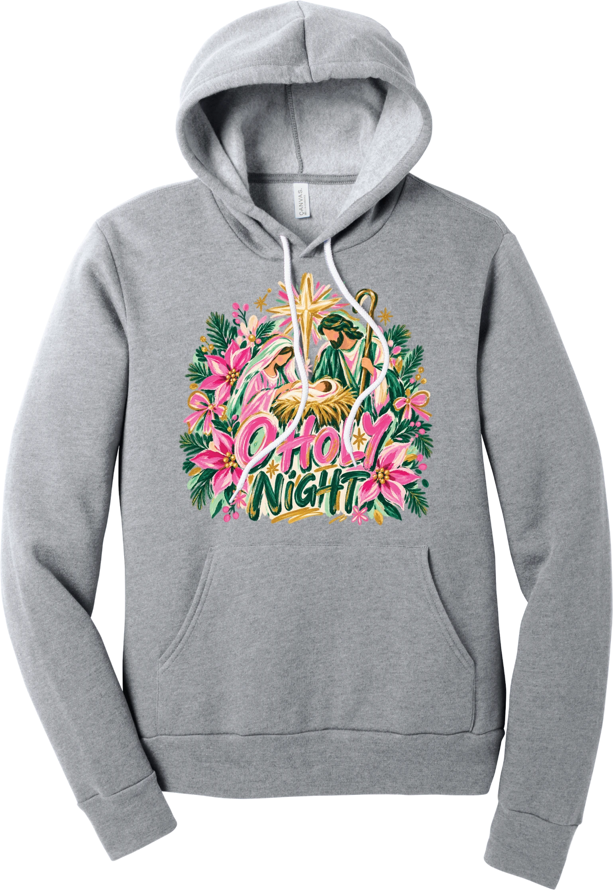 Artful O Holy Night hoodie in Athletic Heather, featuring a painted nativity under the star of Bethlehem with O Holy Night lettering framed by pink poinsettias and evergreen