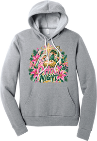 Artful O Holy Night hoodie in Athletic Heather, featuring a painted nativity under the star of Bethlehem with O Holy Night lettering framed by pink poinsettias and evergreen