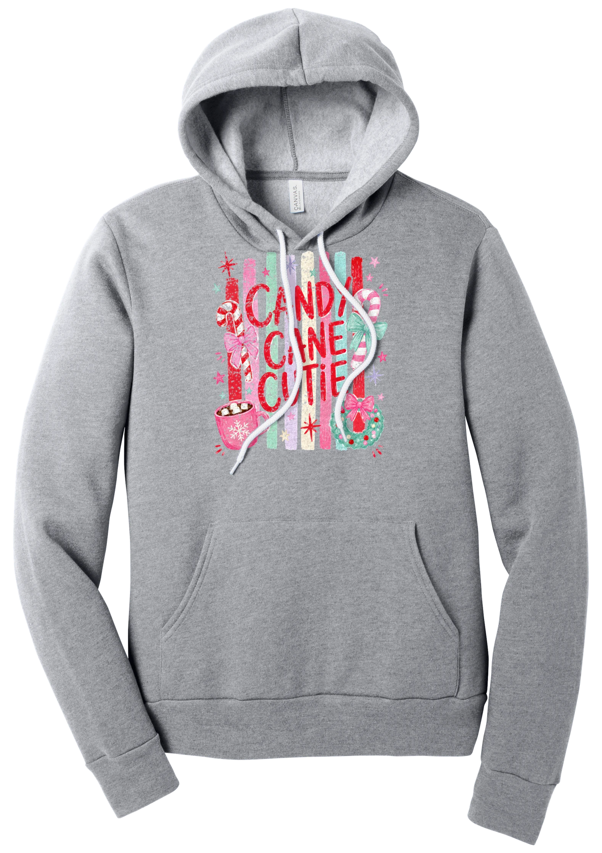 Candy Cane Cutie hoodie in Athletic Heather, featuring red CANDY CANE CUTIE letters on pastel stripes with candy canes, cocoa, and bows