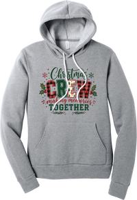 Christmas Crew Making Memories Together hoodie in Athletic Heather, featuring Christmas script over CREW letters in red buffalo plaid, green, and a Christmas tree print with making memories together, holly, and snowflakes