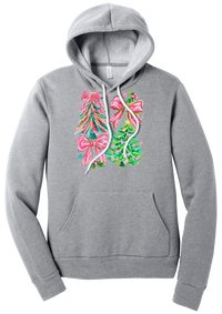 Christmas Tree Bows hoodie in Athletic Heather, featuring painted pink and green Christmas trees with big pink satin bows