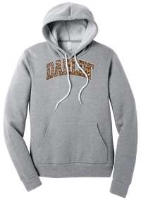Darlin' hoodie, Checker Outline design, in Athletic Heather, featuring arched varsity DARLIN' letters filled with leopard and checker print