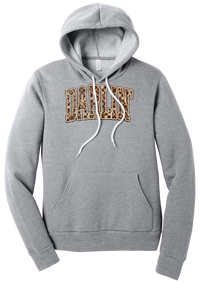 Darlin' hoodie, Leopard Checker design, in Athletic Heather, featuring arched varsity DARLIN' letters filled with leopard and checker print