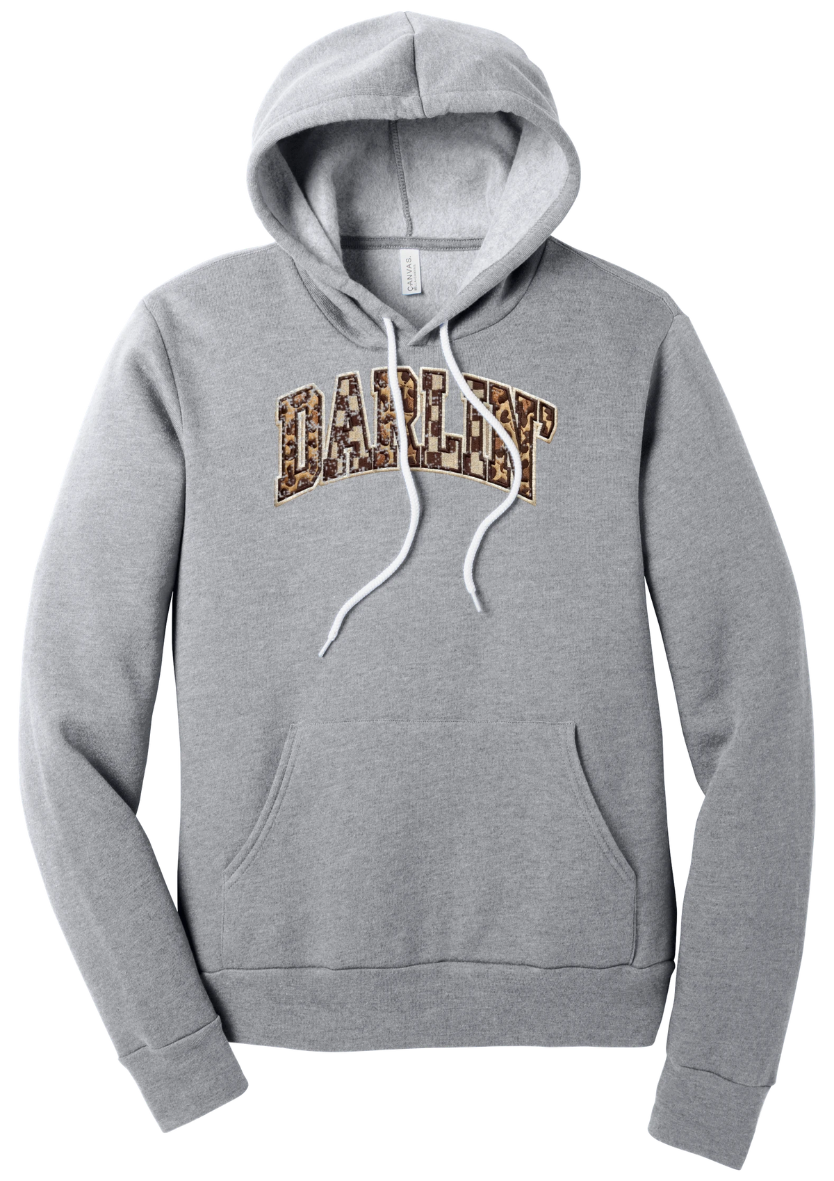 Darlin' hoodie, Patchwork design, in Athletic Heather, featuring arched varsity DARLIN' letters filled with leopard and checker print