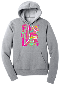 Fa La La Snowman hoodie in Athletic Heather, featuring stacked hot pink FA LA LA letters with a snowman, a tinsel tree, gifts, and ornaments