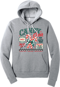 Fresh Candy Canes hoodie in Athletic Heather, featuring vintage candy shop lettering with two striped candy canes tied in a green bow, a North Pole Peppermint Goodness sign, and a checkerboard stripe