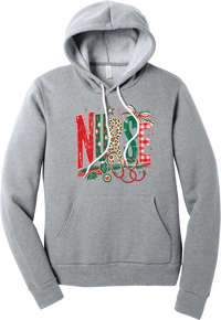 Holiday Nurse Stethoscope hoodie in Athletic Heather, featuring patterned NURSE letters in red and green argyle, leopard, and gingham with a striped bow, holly, and a red heart stethoscope