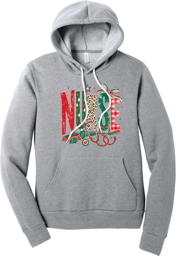 Holiday Nurse Stethoscope hoodie in Athletic Heather, featuring patterned NURSE letters in red and green argyle, leopard, and gingham with a striped bow, holly, and a red heart stethoscope