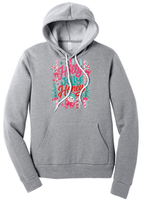 Holly Jolly Honey hoodie in Athletic Heather, featuring red and teal Holly Jolly Honey script with candy cane stripes, bottle brush trees, and a snowman