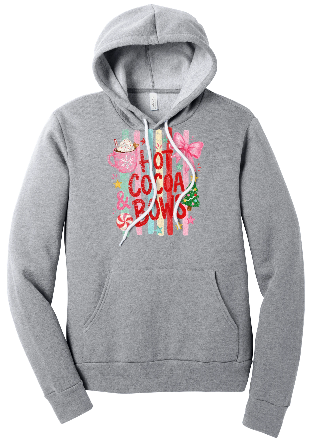 Hot Cocoa and Bows hoodie in Athletic Heather, featuring red HOT COCOA and BOWS letters on pastel stripes with a cocoa mug and a pink bow