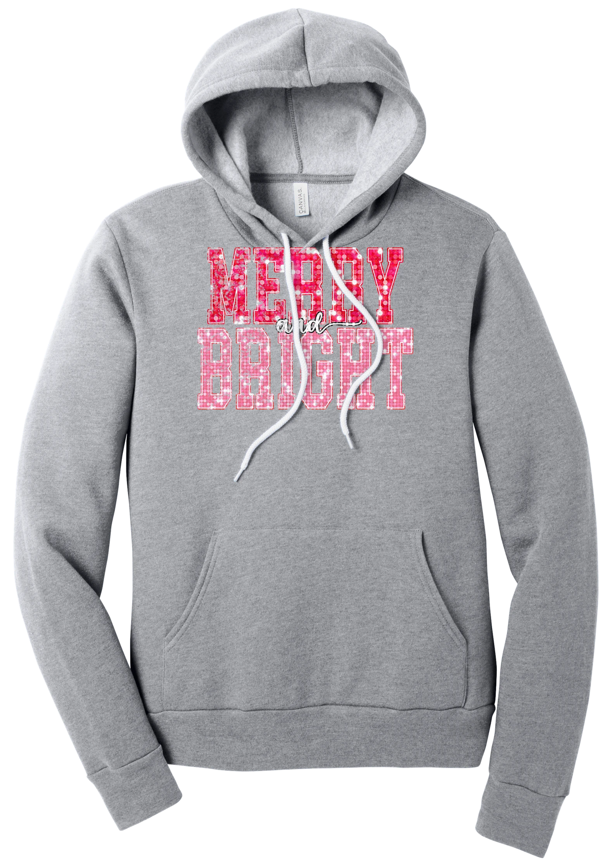 Merry and Bright Sequin hoodie in Athletic Heather, featuring varsity MERRY and BRIGHT letters with a pink and red sequin look