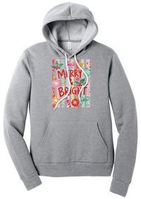 Merry and Bright Striped hoodie in Athletic Heather, featuring red MERRY and BRIGHT letters on pink and green stripes with ornaments and holly