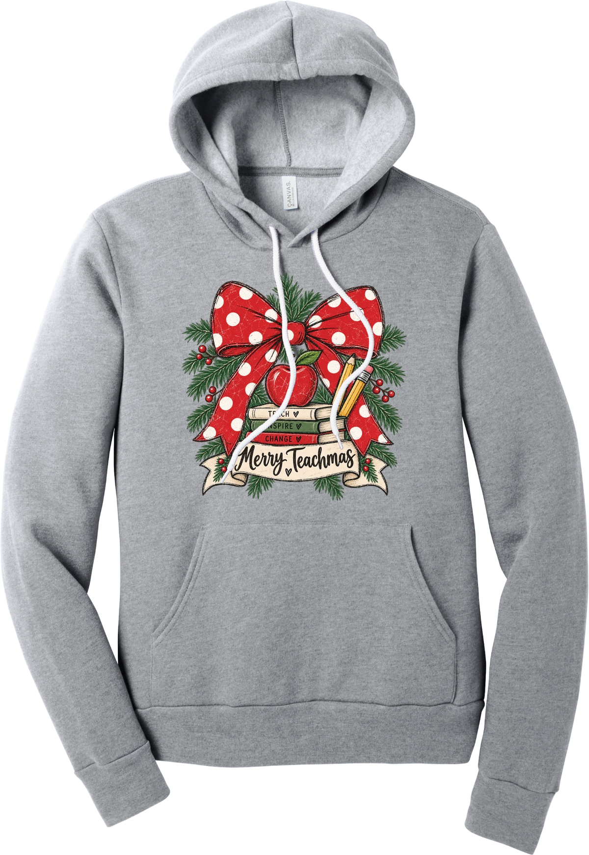 Merry Teachmas hoodie in Athletic Heather, featuring a red polka dot bow over a stack of books reading Teach, Inspire, Change with an apple, pencils, evergreen, and a Merry Teachmas banner