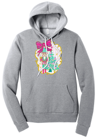 Nutcracker Bow hoodie in Athletic Heather, featuring a teal and pink nutcracker beside a tinsel tree under a big hot pink bow