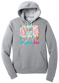 Oh Christmas Tree Cakes hoodie in Athletic Heather, featuring frosted Christmas tree snack cakes on pink and mint panels over Oh Christmas Tree lettering