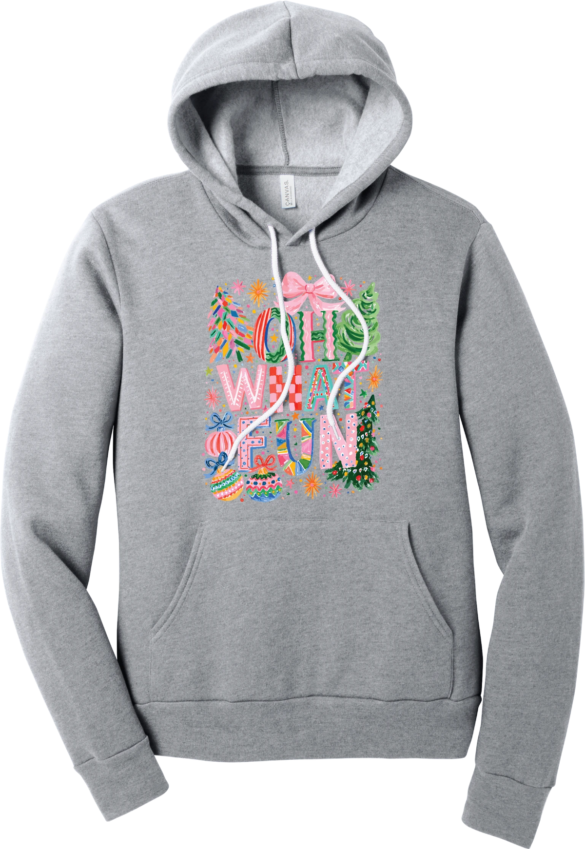 Oh What Fun hoodie in Athletic Heather, featuring hand-painted Oh What Fun letters with pink bows, whimsical Christmas trees, and ornaments