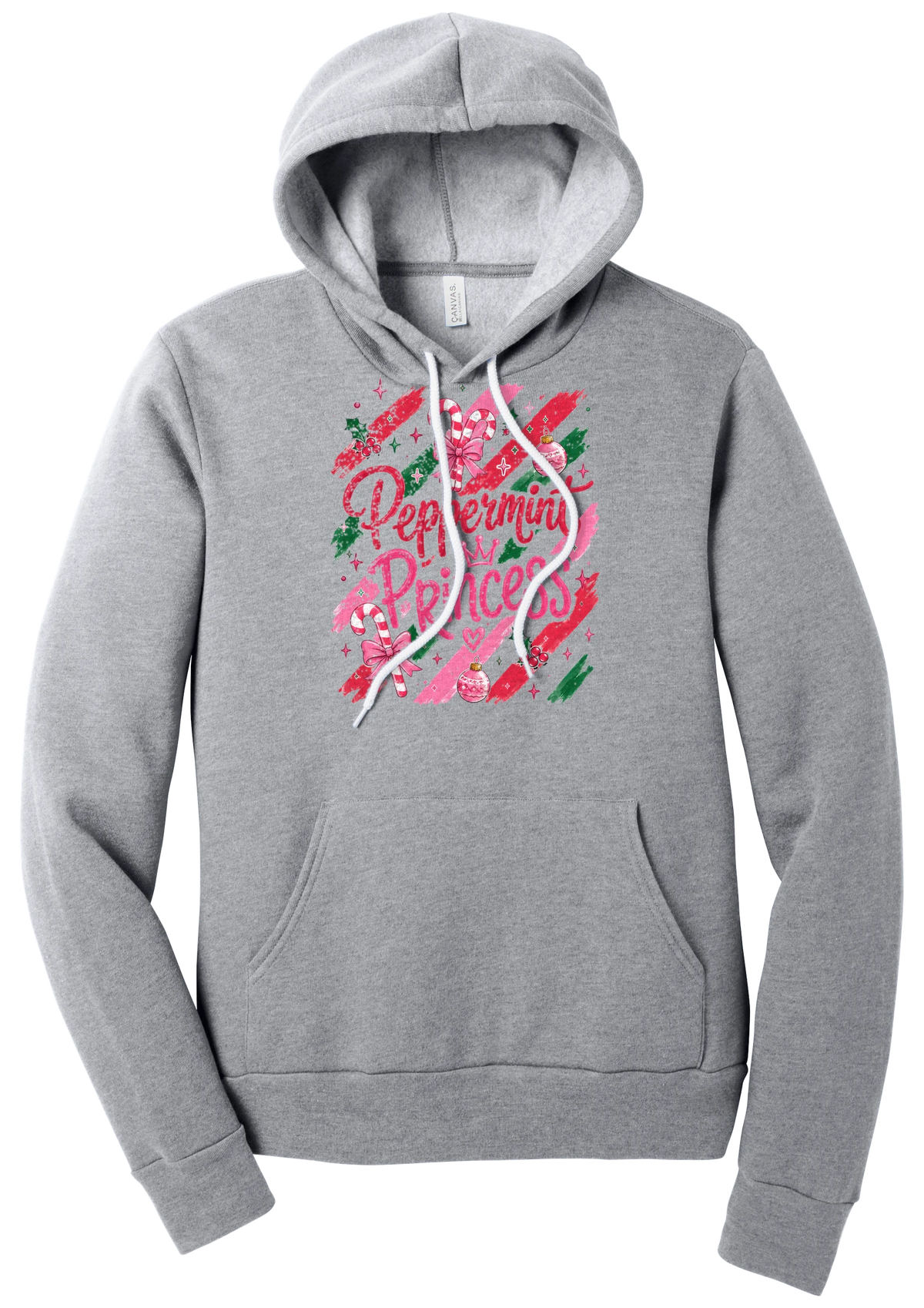 Peppermint Princess hoodie in Athletic Heather, featuring pink Peppermint Princess script with candy canes, a crown, and bows on red and green brush strokes