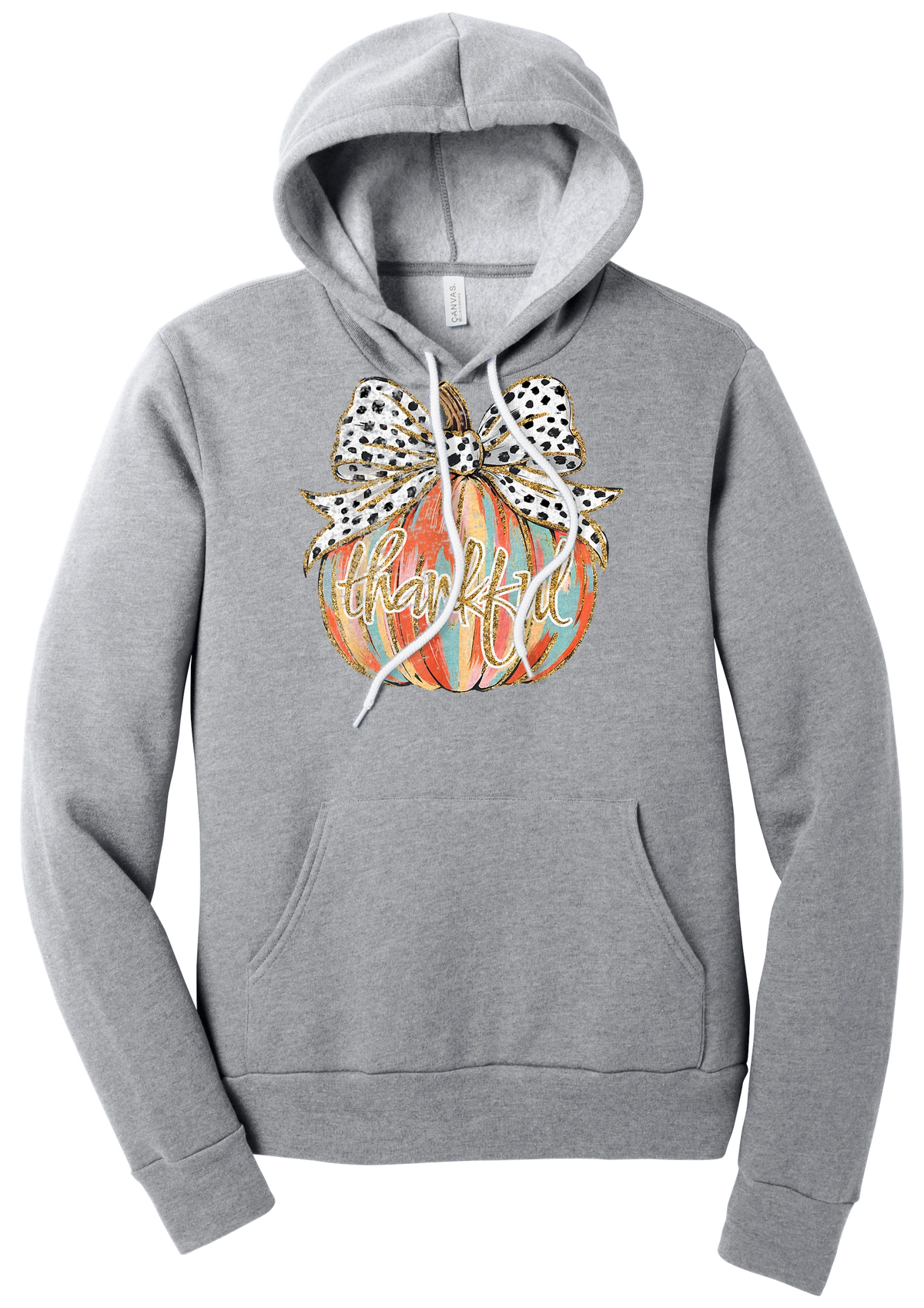 Thankful Pumpkin Bow hoodie in Athletic Heather, featuring a painted pumpkin with a spotted bow and thankful in gold glitter script