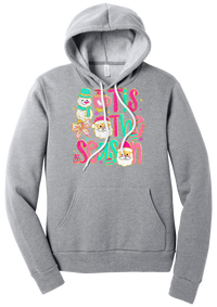 Tis the Season Snowman hoodie in Athletic Heather, featuring pink and teal TIS THE SEASON letters with a snowman, a cocoa mug, and Santas