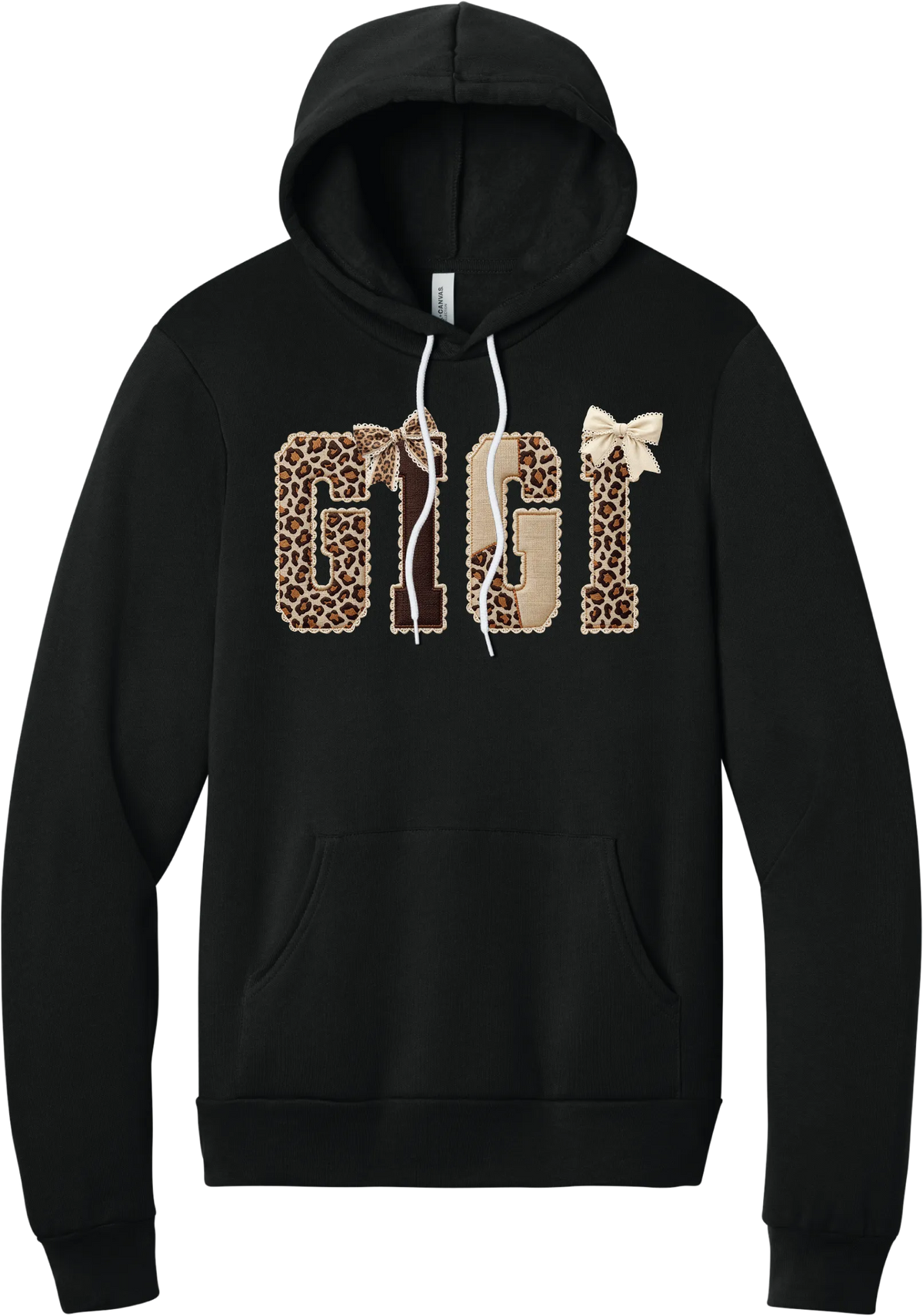 Grandma Leopard Applique hoodie in Black, featuring GIGI spelled out in leopard, cream, and chocolate patches with a scalloped stitched applique look and two bows